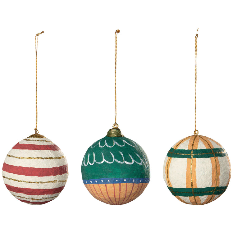 Bauble Mache Christmas Tree Ornaments - 3 Assorted Styles