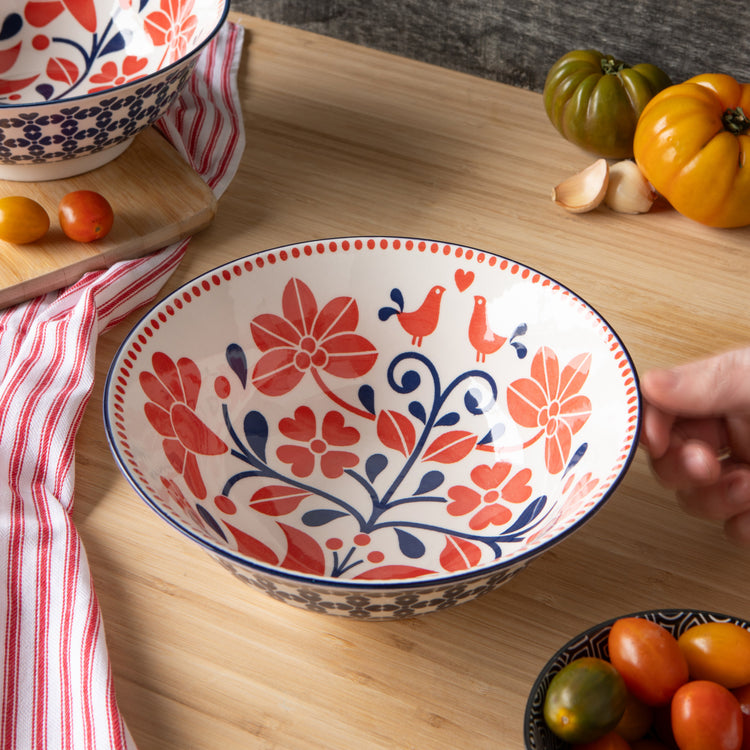 Red Navy Bird Stamped Bowl 8 inch
