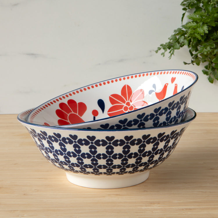 Red Navy Bird Stamped Bowl 8 inch