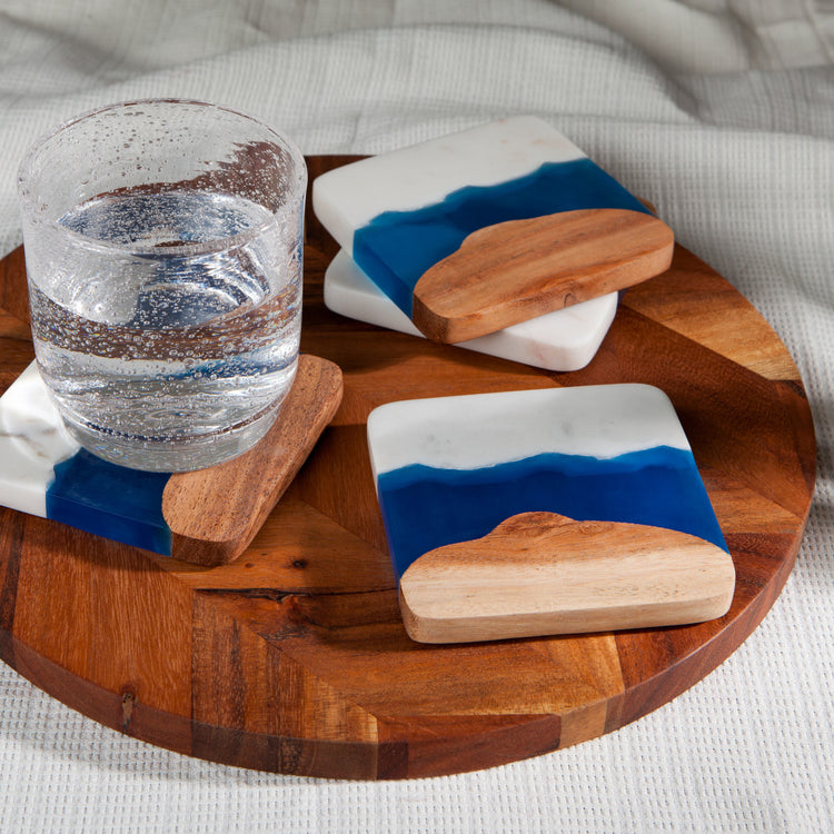 Skyline Azure Marble and Wood Coasters Set of 4