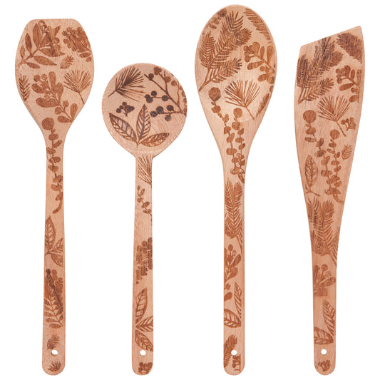 Winterberry Engraved Neem Wood Christmas Utensils Set of 4