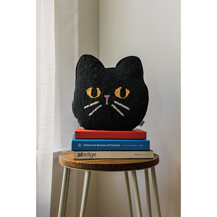 Black Cat Beaded Throw Pillow