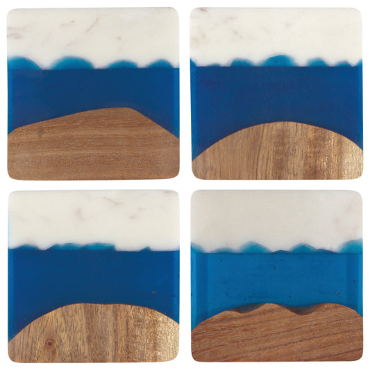 Skyline Azure Marble and Wood Coasters Set of 4