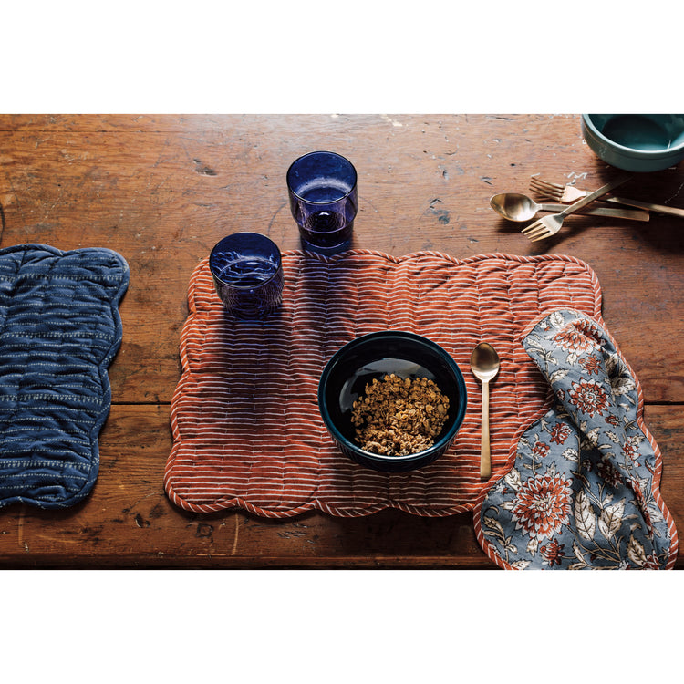 Heirloom Block Print Table Linens including a floral Dahlia Block Print Kantha Placemat on a table.