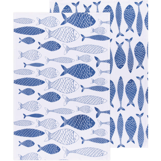 Fish Print Royal Blue Floursack Dishtowels Set of 2