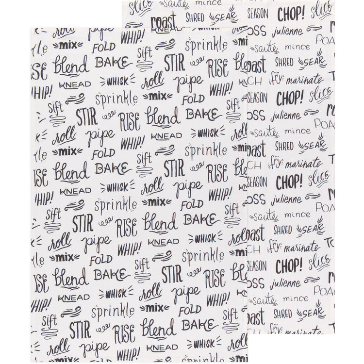 Kitchen Words Print Black Floursack Dishtowels Set of 2