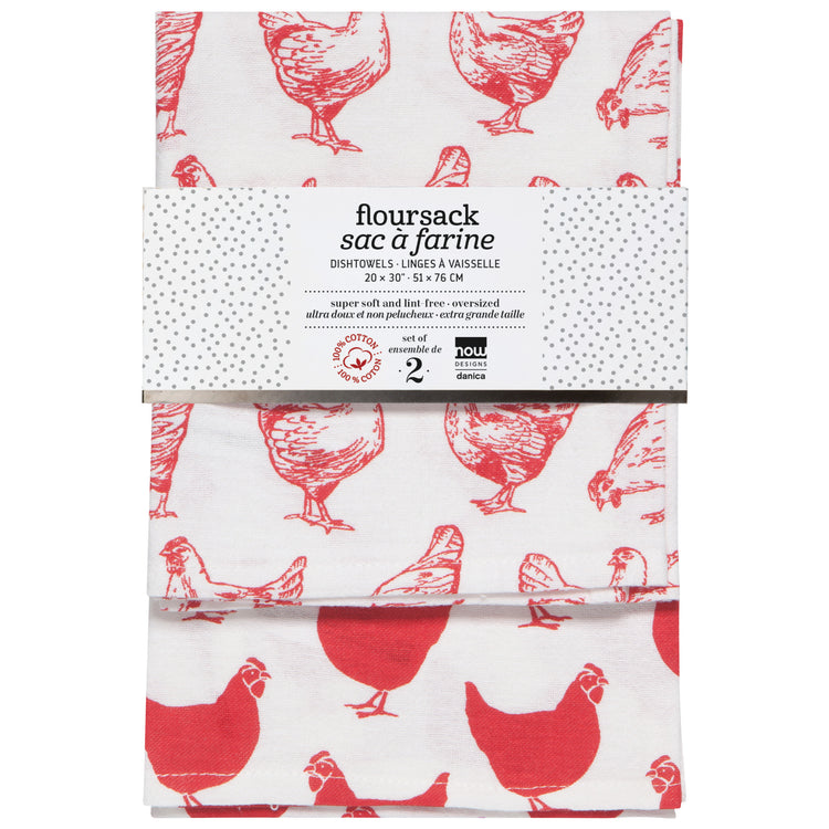 Chickens Print Red Floursack Dishtowels Set of 2