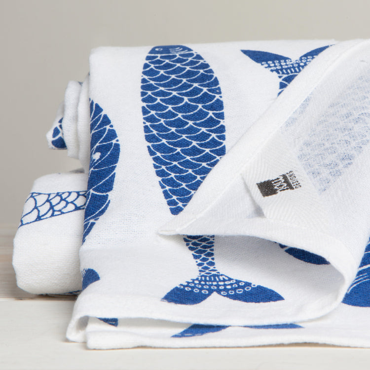 Fish Print Royal Blue Floursack Dishtowels Set of 2