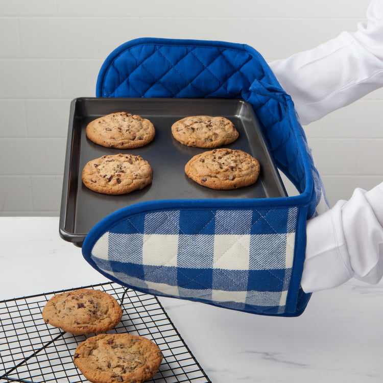 Royal Blue Check Long Double Handed Chef Mitt