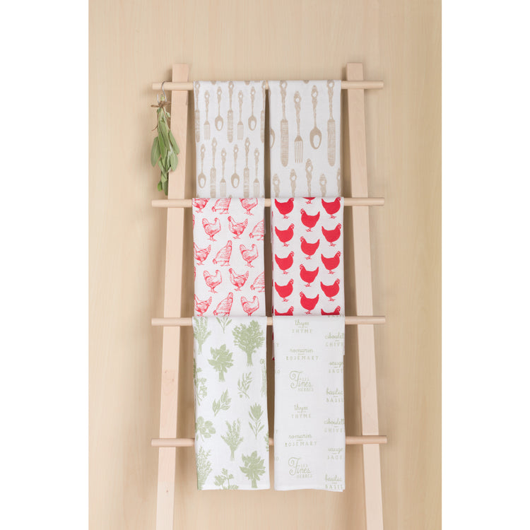 Chickens Print Red Floursack Dishtowels Set of 2