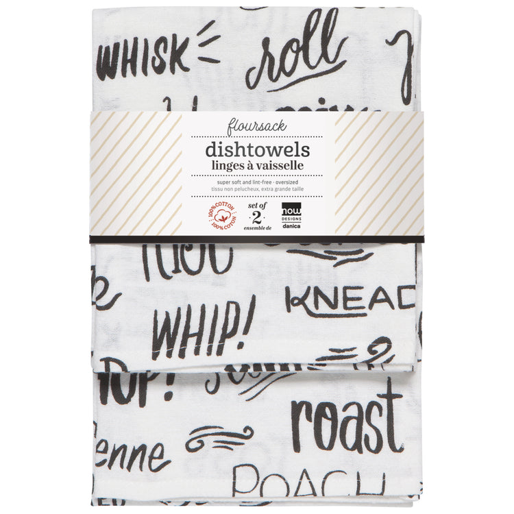 Kitchen Words Print Black Floursack Dishtowels Set of 2