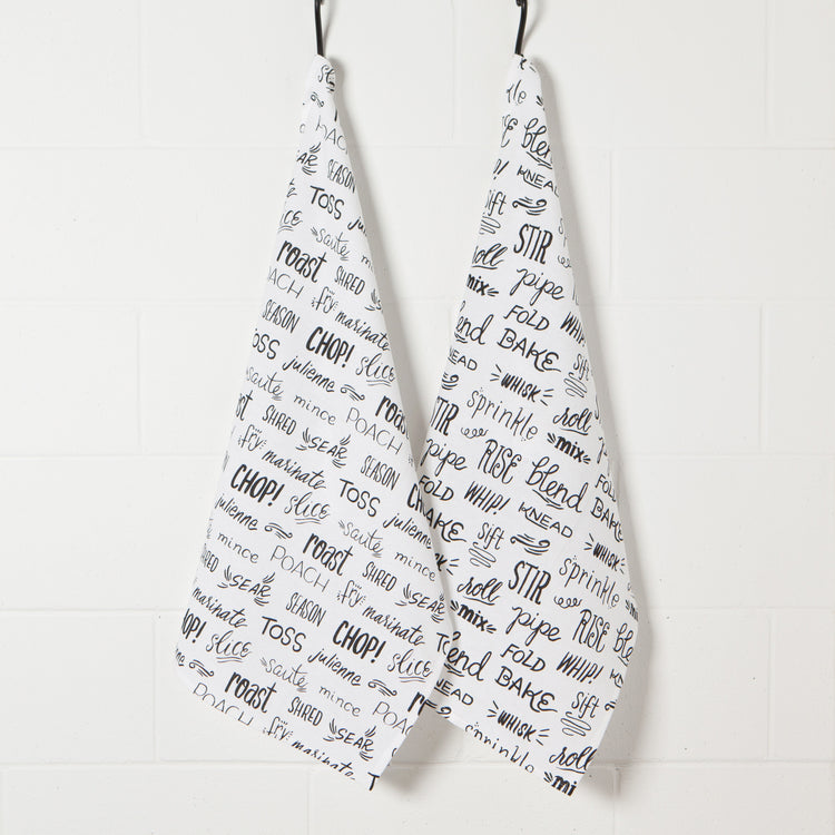 Kitchen Words Print Black Floursack Dishtowels Set of 2