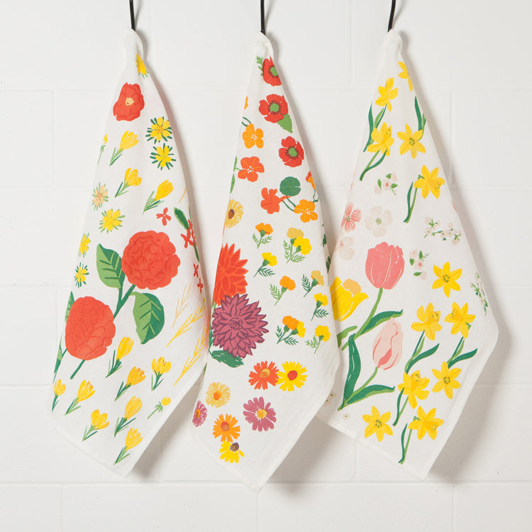 Flowers Of The Month Bakers Floursack Dishtowels Set of 3