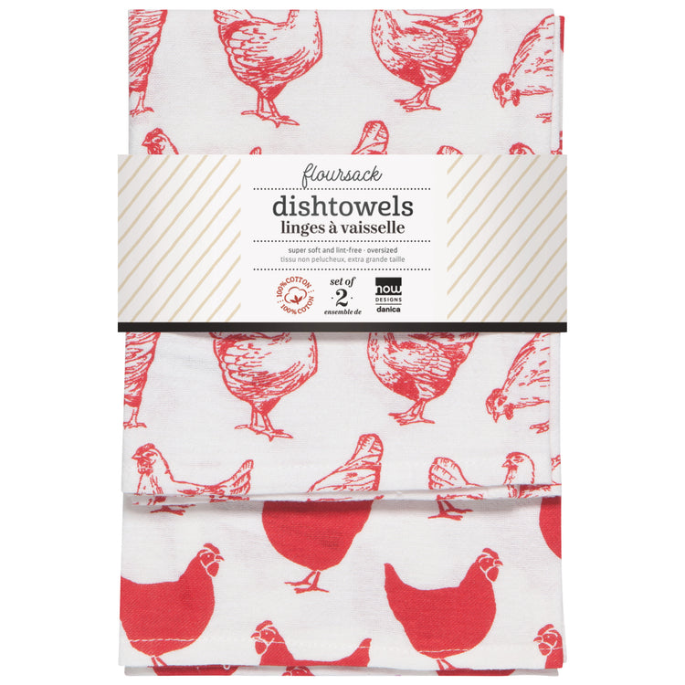 Chickens Print Red Floursack Dishtowels Set of 2