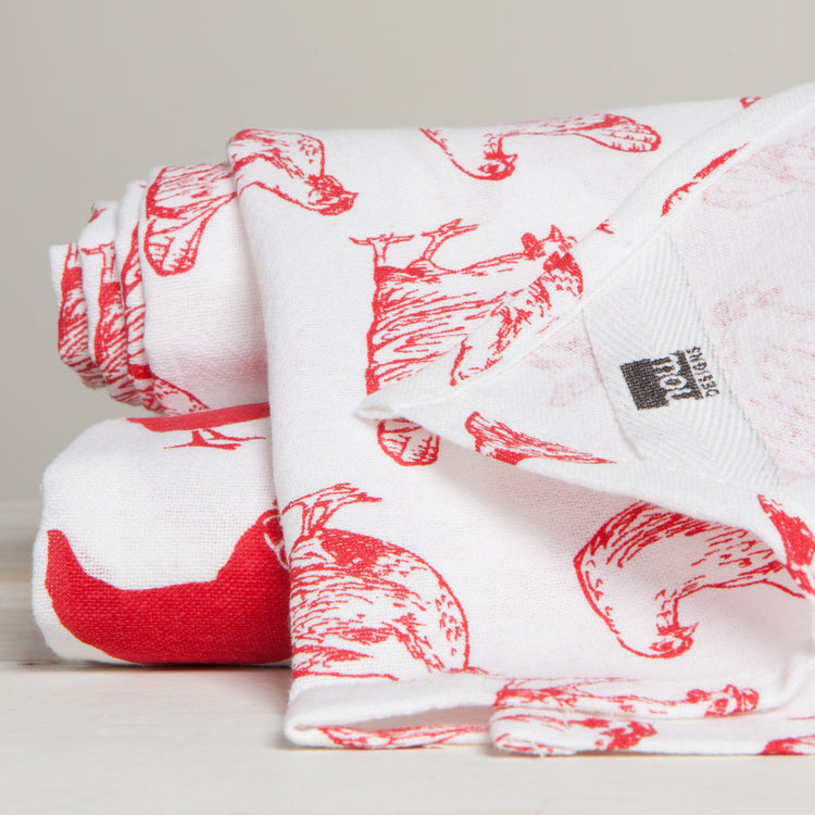Chickens Print Red Floursack Dishtowels Set of 2