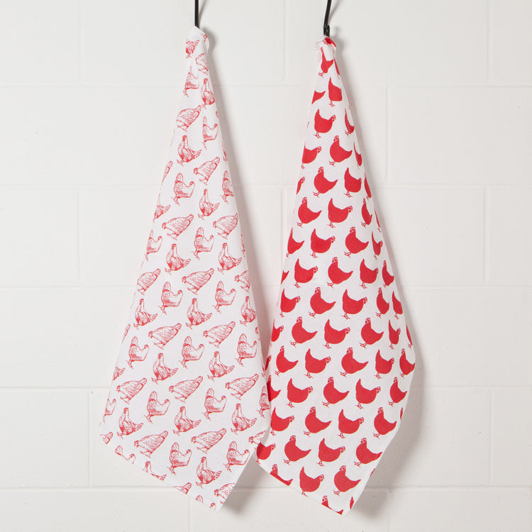 Chickens Print Red Floursack Dishtowels Set of 2