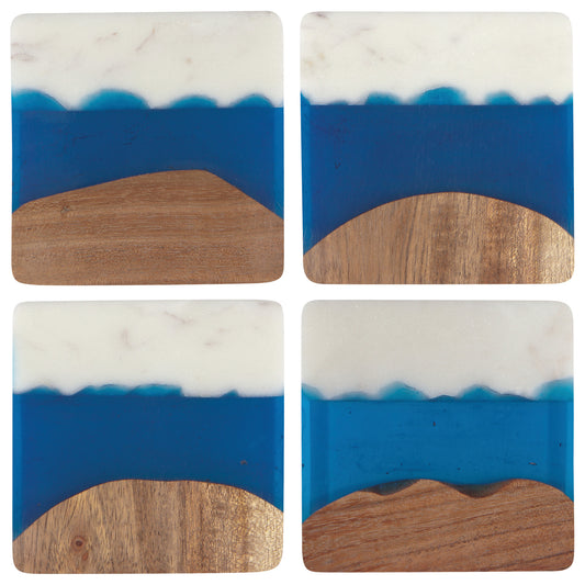 Skyline Azure Marble and Wood Coasters Set of 4