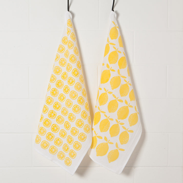 Lemon Print Yellow Floursack Dishtowels Set of 2