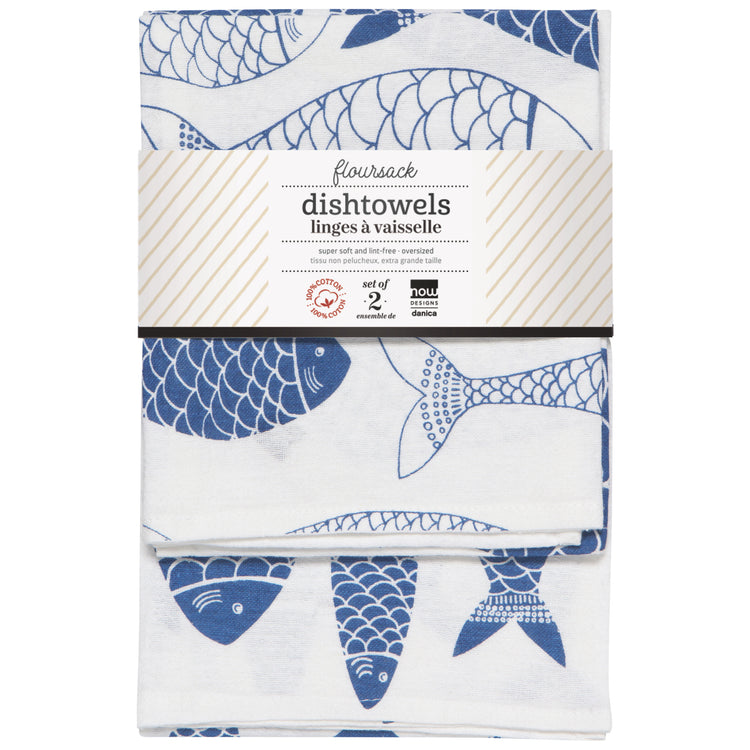 Fish Print Royal Blue Floursack Dishtowels Set of 2