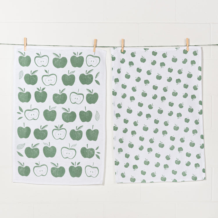 Apples Print Elm Green Floursack Dishtowels Set of 2