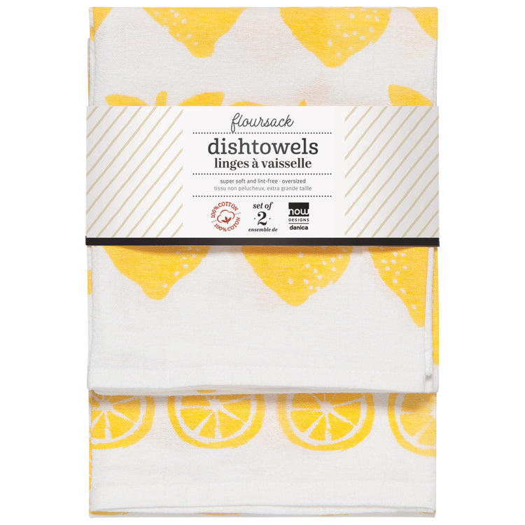 Lemon Print Yellow Floursack Dishtowels Set of 2