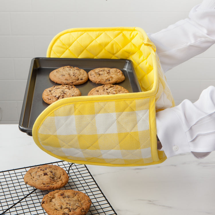 Lemon Yellow Check Long Double Handed Chef Mitt