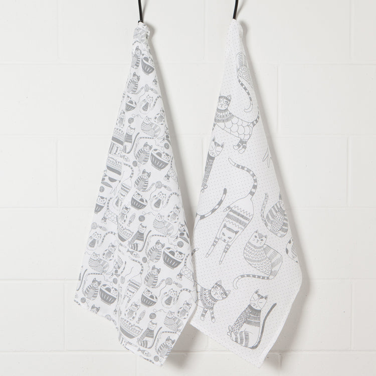 Cat Print London Gray Floursack Dishtowels Set of 2