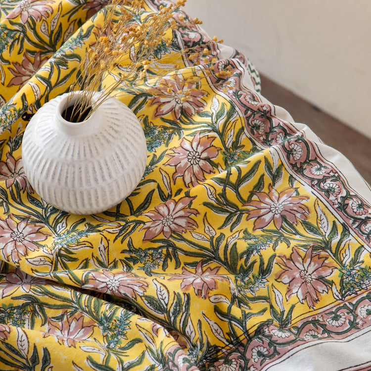 Clematis Block Print Tablecloth 90 x 60 inch