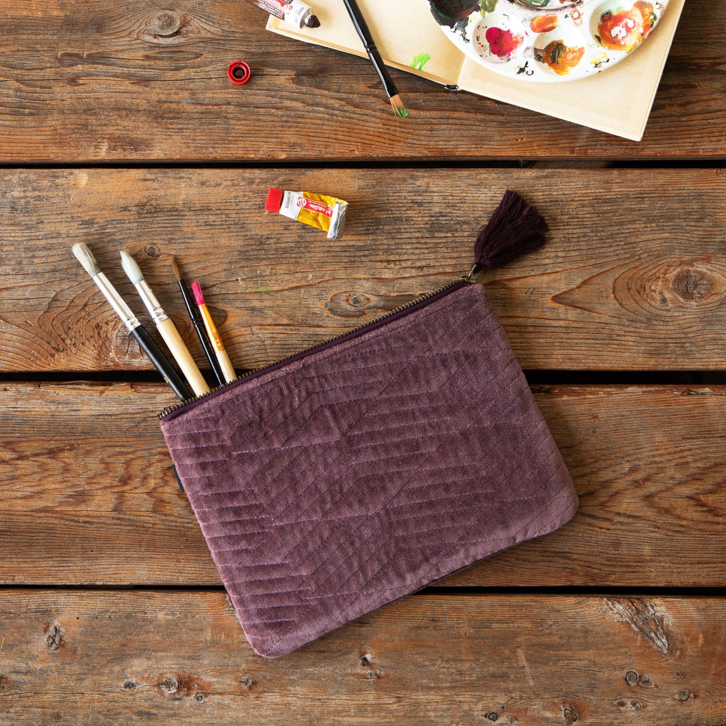 Fig Quilted Velvet Flat Pouch