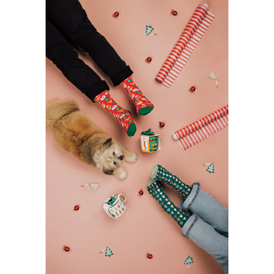 Two people and a dog on a pink background with Danica Jubilee Christmas Mug and Sock Sets.