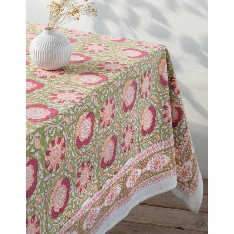 Zinnia Block Print Tablecloth 60 x 90 inch