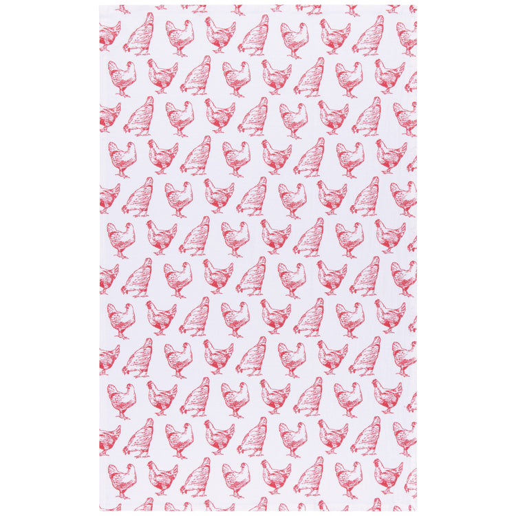 Chickens Print Red Floursack Dishtowels Set of 2