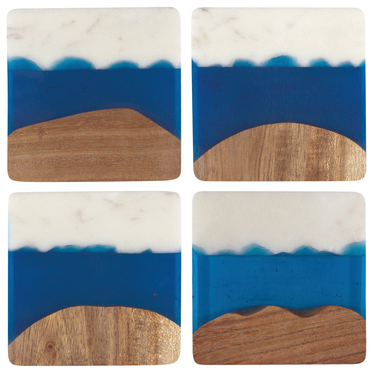 Skyline Azure Marble and Wood Coasters Set of 4