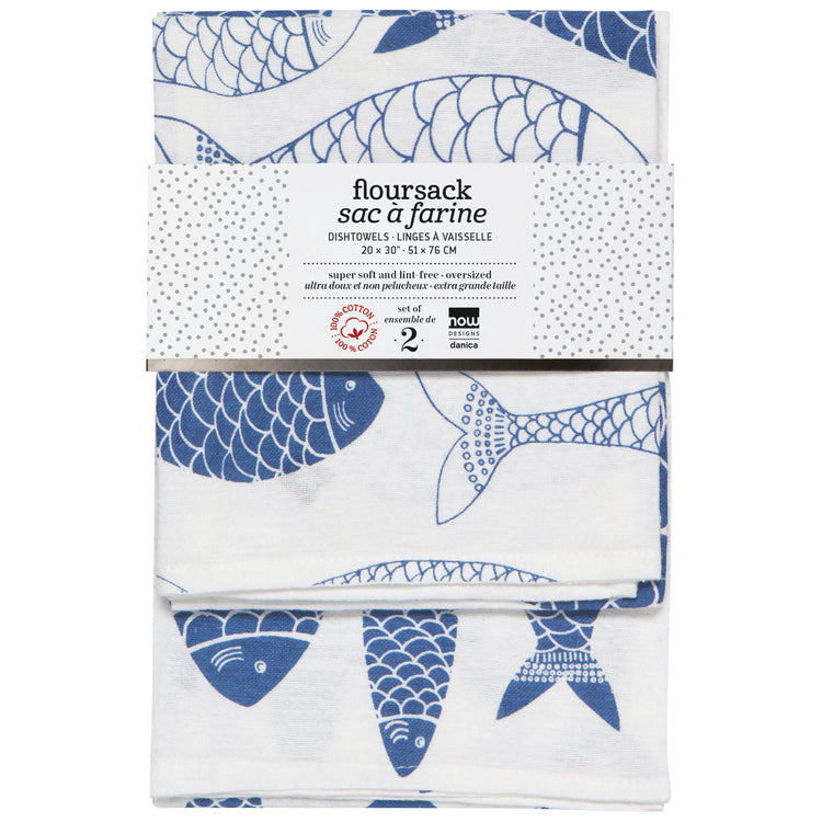 Fish Print Royal Blue Floursack Dishtowels Set of 2