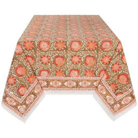Zinnia Block Print Tablecloth 60 x 90 Inches