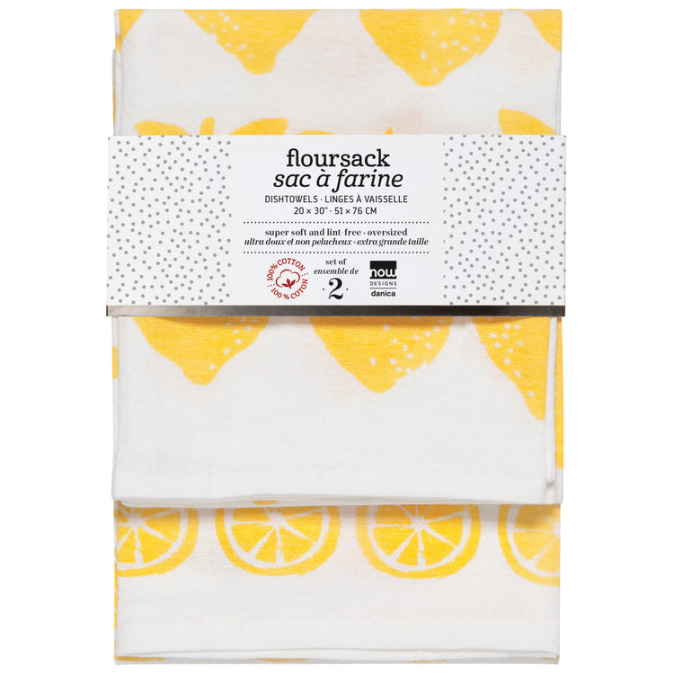 Lemon Print Yellow Floursack Dishtowels Set of 2