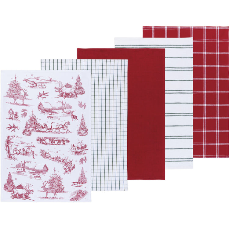 Winter Toile Woven and Print Dishtowels Set of 5