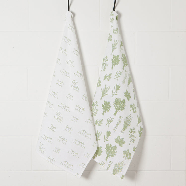 Herbs Print Sage Green Floursack Dishtowels Set of 2