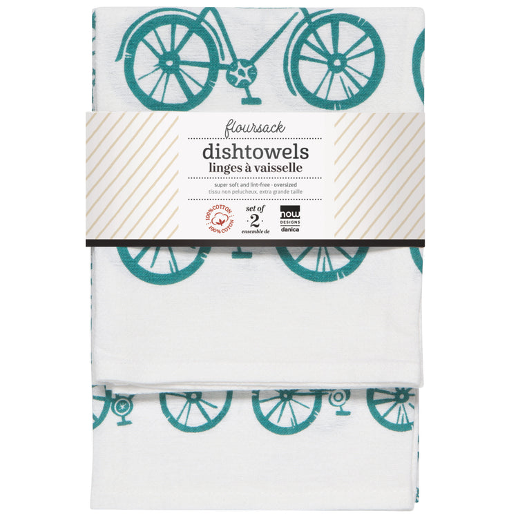 Bicycle Print Peacock Green Floursack Dishtowels Set of 2