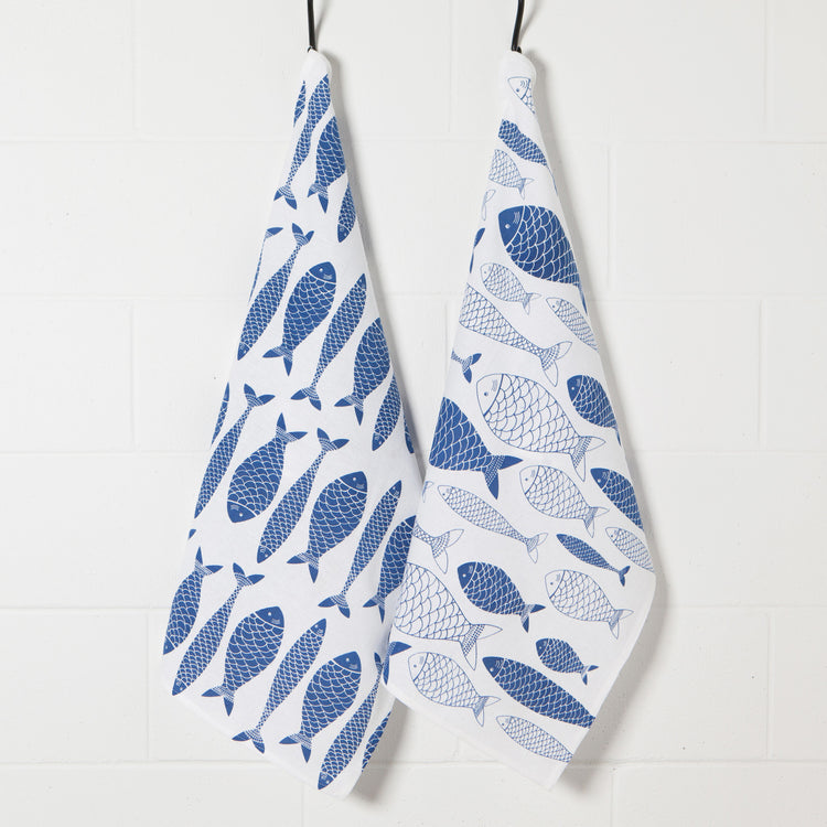 Fish Print Royal Blue Floursack Dishtowels Set of 2