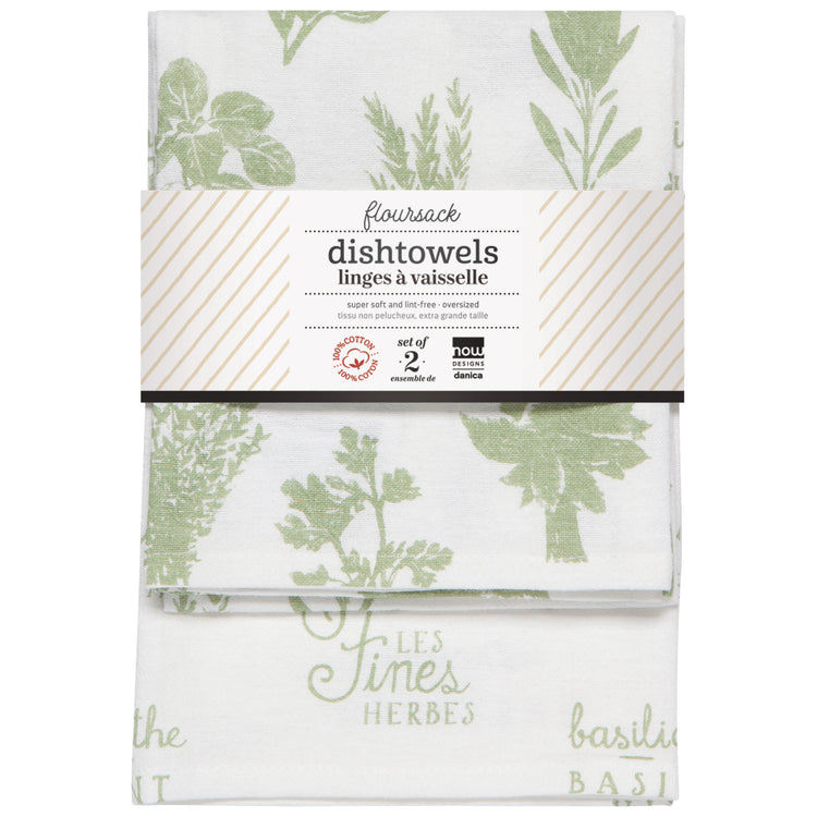 Herbs Print Sage Green Floursack Dishtowels Set of 2