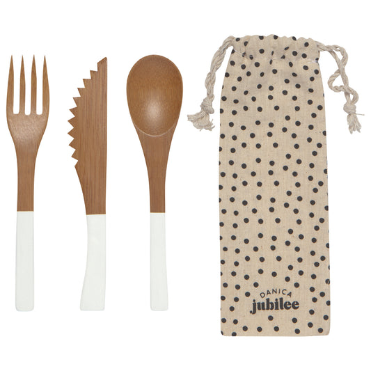Chalk White Bamboo Cutlery Set of 3 With Carry Bag